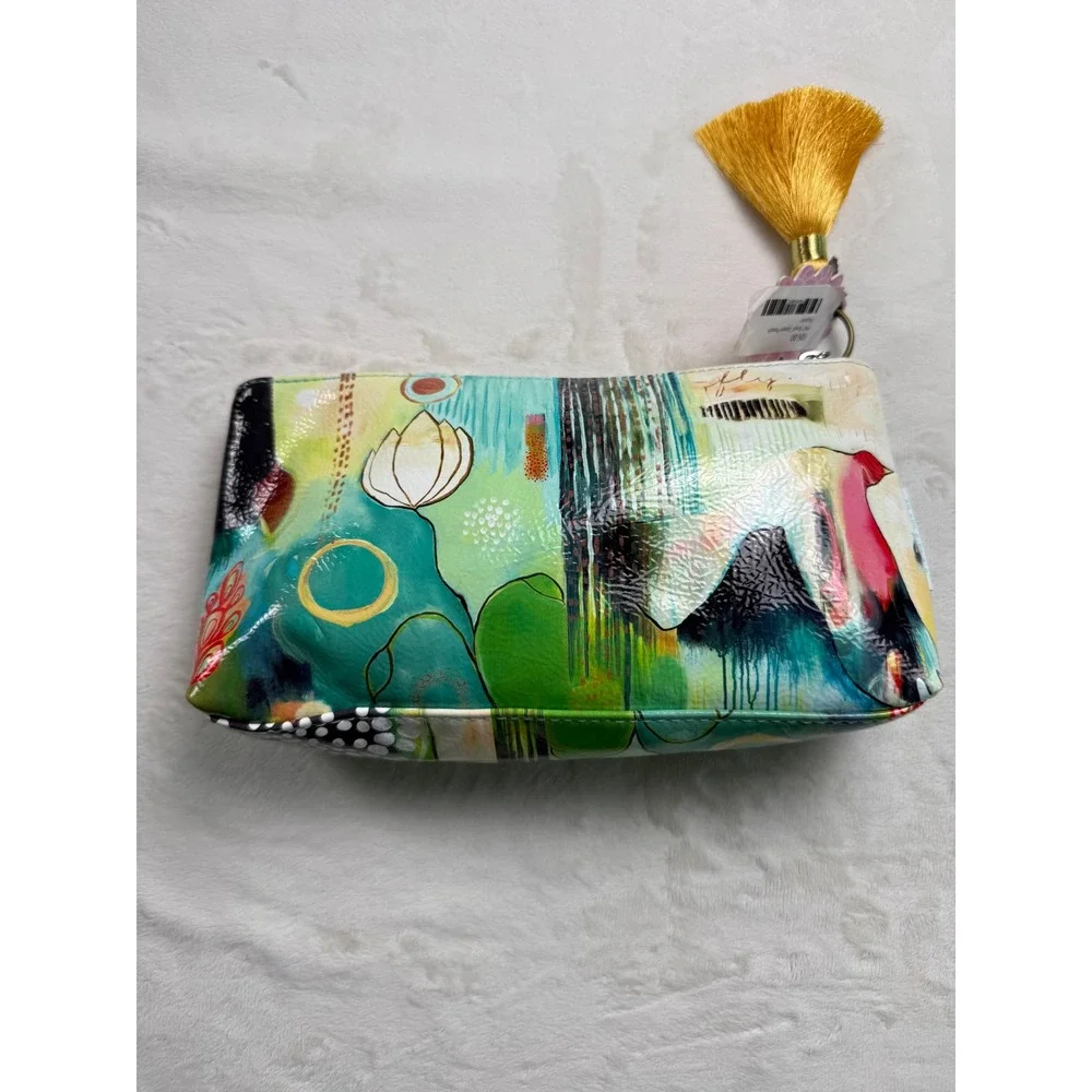 PAPAYA! Small Tassel Pouch Artistic Floral Makeup Travel Bag Green Multi